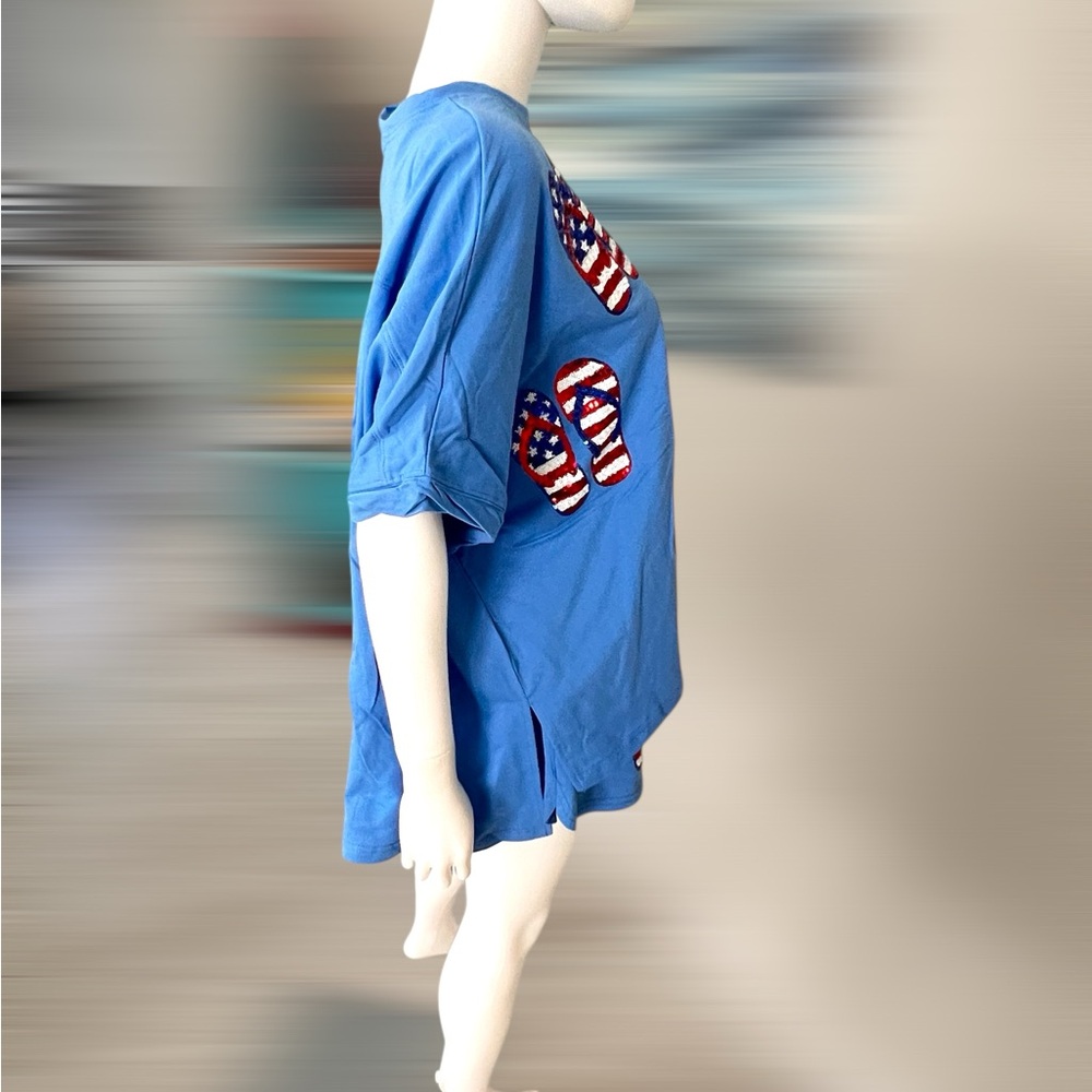 FANTASTIC FAWN French Terry Blue T-Shirt with Flip-Flop Print S M L - Picture 4 of 5
